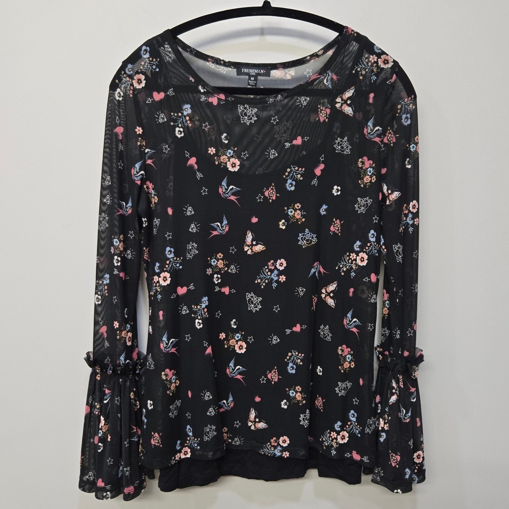 Freshman 1996 Shirt Top Medium Black Mesh Tattoo 90s Y2K Bell Sleeves Whimsigoth